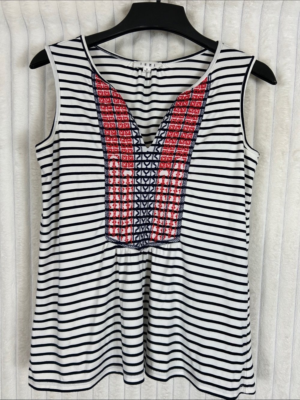 THML Navy and White Striped Tank with Red Embroidered V-Panel